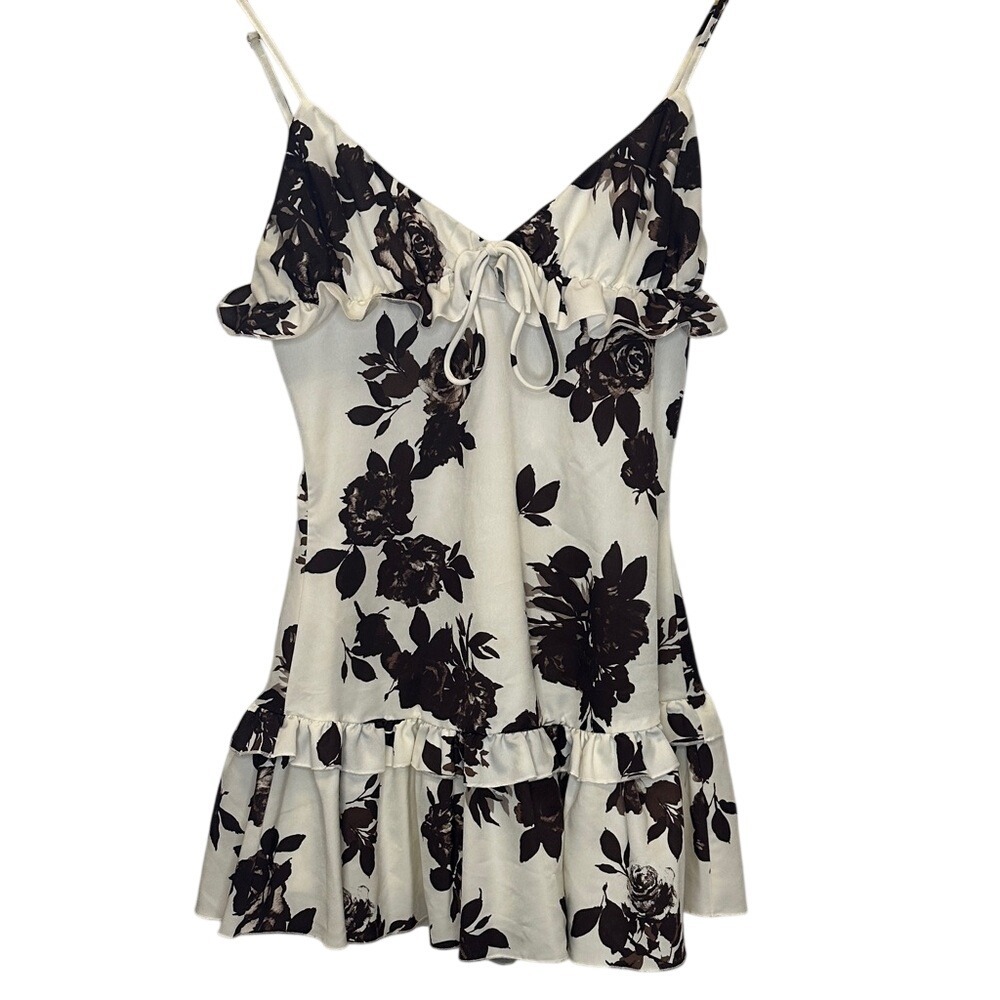 White Fox Boutique Black Floral Ruffle Mini‎ Dress White Small Sweetheart Tie